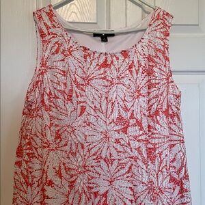 Perceptions 1X Orange-Coral/White Leaf Print Overlay midi Aline Tank Dress lined